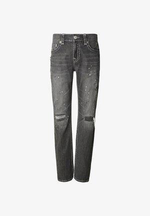 Jeans grigi usurati con finitura sbiadita, strappi visibili e dettagli a schizzi. Presentano un design a cinque tasche e cuciture a contrasto.