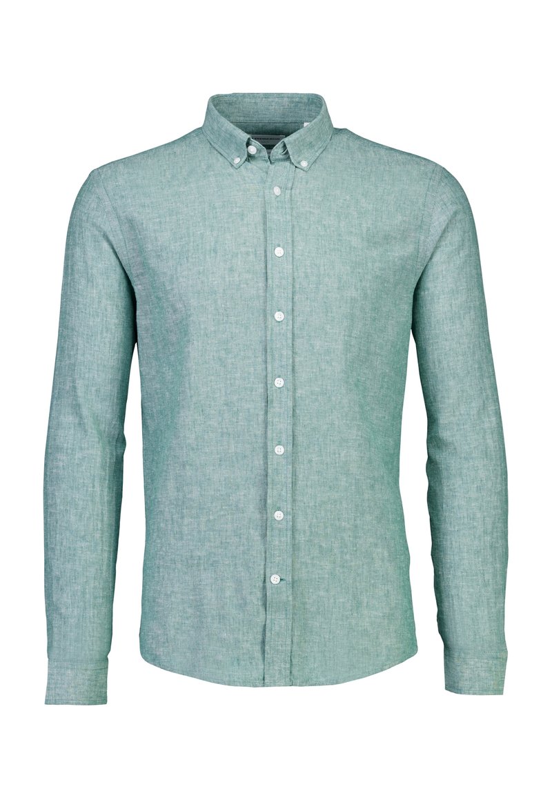 Camicia a maniche lunghe verde chiaro realizzata in tessuto testurizzato, con colletto a punta e bottoni bianchi lungo la parte anteriore.