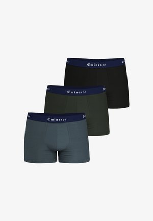 Trois paires de boxers-short en vert foncé, noir et gris ardoise ; avec une ceinture bleu marine portant le logo "Eminence". Matière en coton lisse.