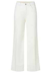 White wide-leg jeans with a button closure, featuring two front pockets and a smooth texture. The fabric appears durable and lightly textured.