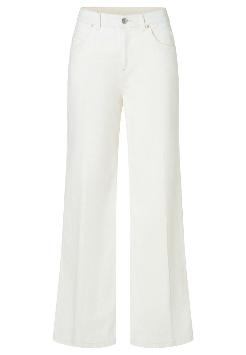 White wide-leg jeans with a button closure, featuring two front pockets and a smooth texture. The fabric appears durable and lightly textured.