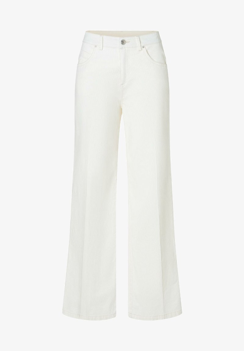 White wide-leg jeans with a button closure, featuring two front pockets and a smooth texture. The fabric appears durable and lightly textured.