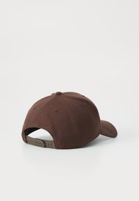 Hnedá látková čiapka s ohnutým okrajom, nastaviteľným snapback zapínaním a zaobleným vrcholom. Hladký povrch bez viditeľných vzorov alebo akcentov.