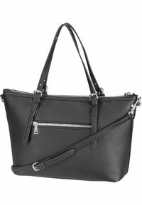 Czarna skórzana torba tote o strukturalnym kształcie, z kieszenią na zamek błyskawiczny w kolorze srebrnym, podwójnymi uchwytami i odpinanym paskiem na ramię. Teksturowana powierzchnia.