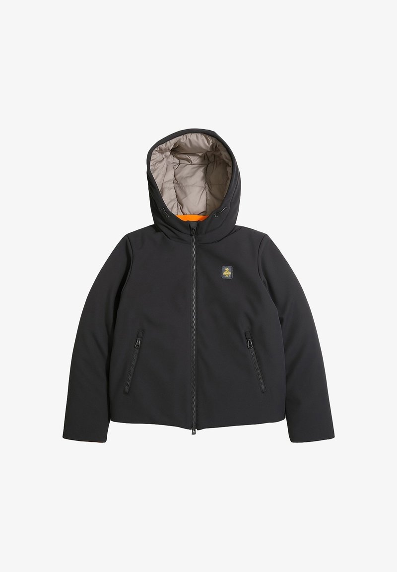 Giacca nera con cappuccio, chiusura frontale con zip, due tasche con zip, foderato in beige all'interno del cappuccio e piccolo logo sulla parte anteriore.