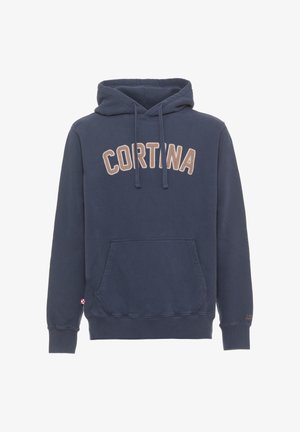 Felpa con cappuccio blu navy con tasca a marsupio frontale e scritta "CORTINA" beige sul petto. Coulisse sul cappuccio.