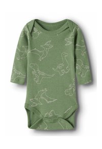 Body in jersey a maniche lunghe di colore verde chiaro, con illustrazioni di dinosauri bianchi, chiusure a scatto sul fondo e colletto a costine.
