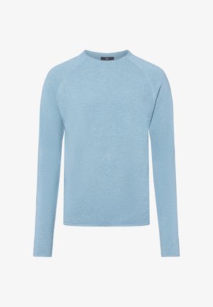 Helles blaues Langarmhemd aus strukturiertem Stoff, mit Rundhalsausschnitt und Raglanärmeln. Einfaches, schmuckloses Design.
