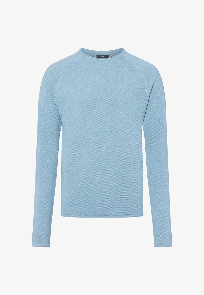 Chemise à manches longues bleu clair en tissu texturé, avec un col rond et des manches raglan. Design simple et dépouillé.