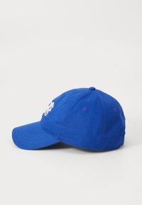 Blauwe katoenen baseballcap met een gebogen klep, geborduurd logo aan de voorkant en acht ventilatiegaten.