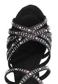 Black strappy sandal with a textured base, adorned with multicolored rhinestones along the straps, highlighting a chic, open-toe design.