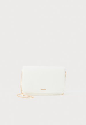 White synthetic leather crossbody bag with a gold chain strap, rectangular shape, smooth texture, and embossed logo detail on the front.