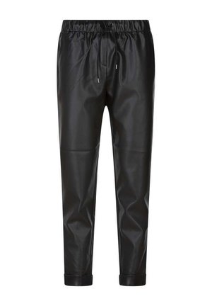 Pantalon en similicuir noir avec taille élastique, cordon de serrage et ourlets resserrés, présenté sur un fond blanc.
