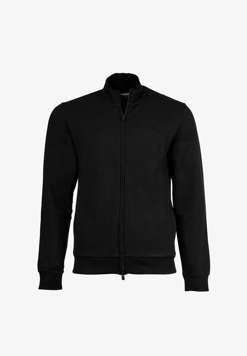 Felpa nera con zipper realizzata in misto cotone, con colletto alto, polsini e orlo a costine. Presenta un logo discreto sul petto.