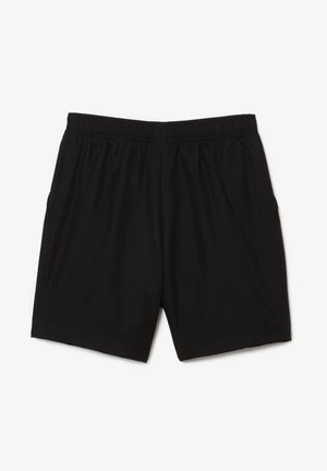 Pantalones cortos negros con cintura elástica, ajuste relajado, hasta la rodilla, hechos de tela ligera y transpirable.