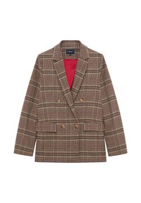 Bruine geruite dubbelgeknoopte blazer met een rode binnenvoering, voorzien van een notch lapel, twee voorzakken en een gestructureerde stof.