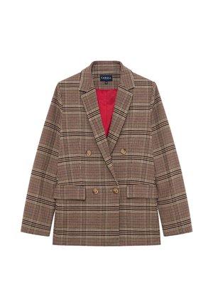 Blazer à carreaux brun à double boutonnage avec une doublure intérieure rouge, présentant un revers cranté, deux poches avant et un tissu texturé.