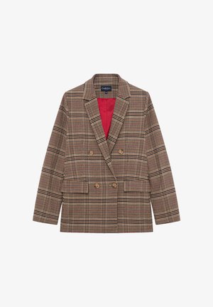 Blazer à carreaux brun à double boutonnage avec une doublure intérieure rouge, présentant un revers cranté, deux poches avant et un tissu texturé.