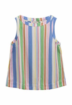 Ærmeløs bluse med lodrette striber i blå, grøn, pink, brun, gul og hvid, med rund halsudskæring.
