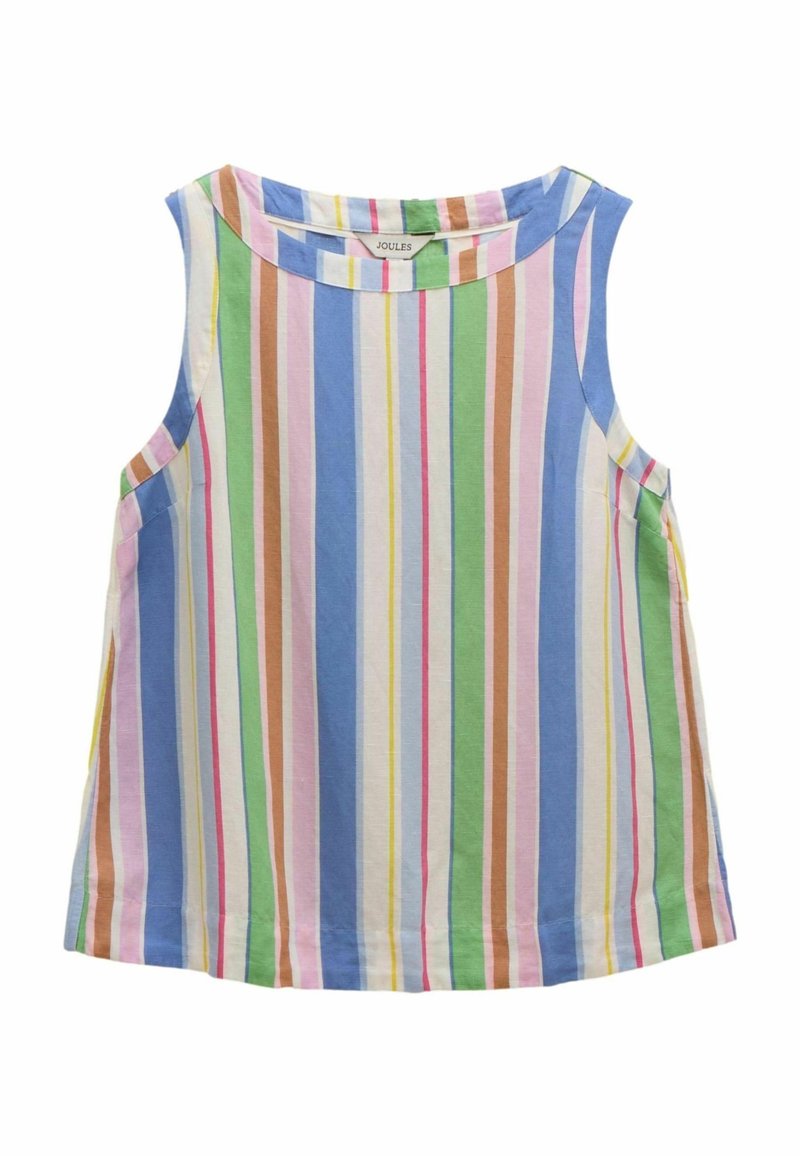 Blouse sans manches avec des rayures verticales bleu, vert, rose, marron, jaune et blanc, avec un col rond.