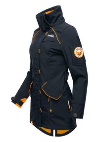 Navy jacket with orange accents, button closures, high collar, two front pockets, and brand patch on the sleeve, featuring a structured design.