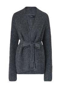 Dunkelgrauer Strickcardigan mit langen Ärmeln und einem passenden Gürtel, der in der Taille gebunden ist, mit einem Schalkragen und strukturierter Oberfläche.