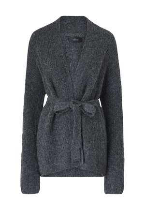 Donkergrijze gebreide cardigan met lange mouwen en een bijpassende riem die om de taille geknoopt is, met een schouderkraag en een textuurstof.
