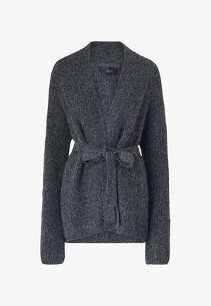 Dunkelgrauer Strickcardigan mit langen Ärmeln und einem passenden Gürtel, der in der Taille gebunden ist, mit einem Schalkragen und strukturierter Oberfläche.