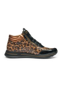 High-top sneaker with leopard print, black patent leather toe, metallic copper heel, black laces, and a side zipper on black sole.