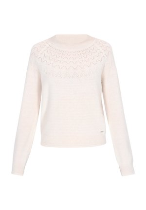 Strickpullover in Creme mit Rundhalsausschnitt, der ein geometrisches Spitzenmuster an der Schulterpartie sowie gerippte Bündchen und Saum aufweist. Weiche Textur.