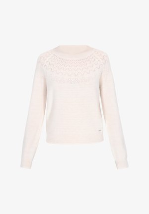 Suéter de punto color crema con escote redondo, que presenta un patrón de encaje geométrico en el pecho y puños y dobladillo acanalados. Textura suave.