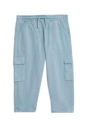 Pantalon de survêtement bleu clair en tissu doux, avec une taille élastique, un cordon de serrage, deux poches latérales et deux poches cargo.