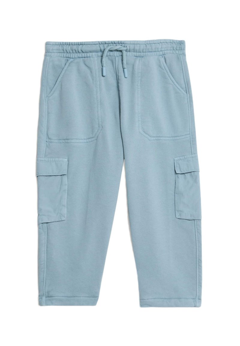 Ljusblå sweatpants i mjukt tyg, med elastisk midja, dragsko, två sidorfickor och två cargofickor.