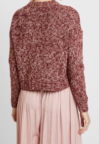 Vista posteriore di una persona che indossa un maglione lavorato a maglia rosso e bianco e una gonna fluida di un pallido rosa.