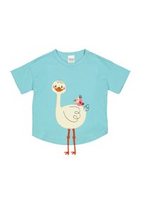 Turquoise t-shirt met korte mouwen, versierd met een witte vogelafbeelding met oranje poten en een kleine roze vogel die op zijn rug zit.