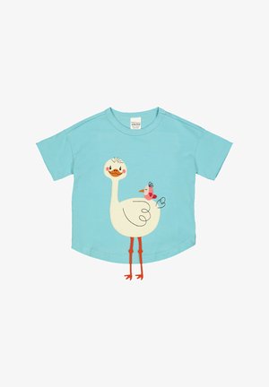 Turkoosi lyhythelmainen t-paita, jossa on valkoinen lintugrafiikka oranssilla jalalla ja pieni vaaleanpunainen lintu istumassa sen selässä.