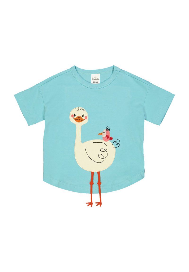 Turquoise t-shirt met korte mouwen, versierd met een witte vogelafbeelding met oranje poten en een kleine roze vogel die op zijn rug zit.
