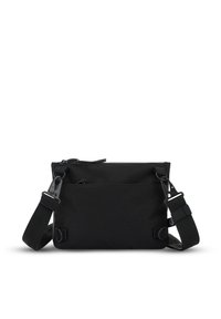 Borsa a tracolla nera in tessuto resistente, con chiusura a zip, tracolla regolabile e ganci in metallo. Texture liscia con design minimalista.