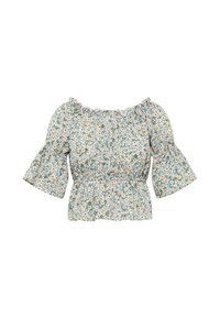 Blusa floreale scollata sulle spalle in azzurro chiaro con maniche a campana corte. Presenta tessuto arricciato e vita aderente con orlo a volant.