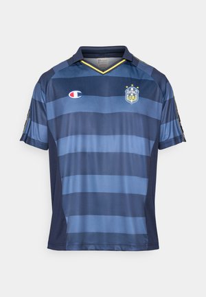 Blå og marineblå stripete fotballdrakt med V-hals, korte ermer og logo-detaljer. Laget av lett materiale med glatt tekstur.