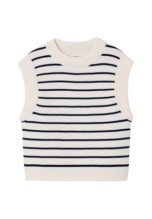 Sleeveless white knit top with navy horizontal stripes and a ribbed crew neckline and hem.
