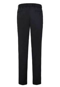 Zwarte broek met een elastische tailleband, voorzien van twee achterzakken met knopen. Glad materiaal en recht model.