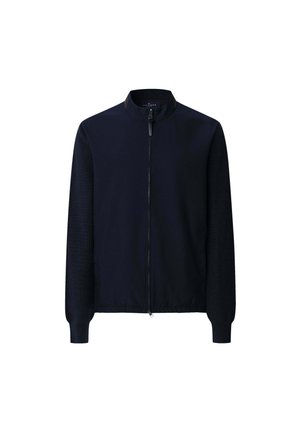 Veste zippée bleu marine de style bombardier avec détails en maille côtelée sur les manches et un col montant. Fabriquée en tissu lisse et léger.
