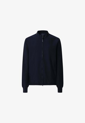 Marineblauwe jas met rits in bomberstijl, met geribbelde gebreide details op de mouwen en een opstaande kraag. Gemaakt van glad, lichtgewicht stof.
