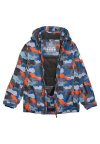 Bunte Kinderjacke mit einem gemusterten Design in Blau-, Orange- und Grautönen. Mit Kapuze, Reißverschlusstaschen und warmem Innenfutter.