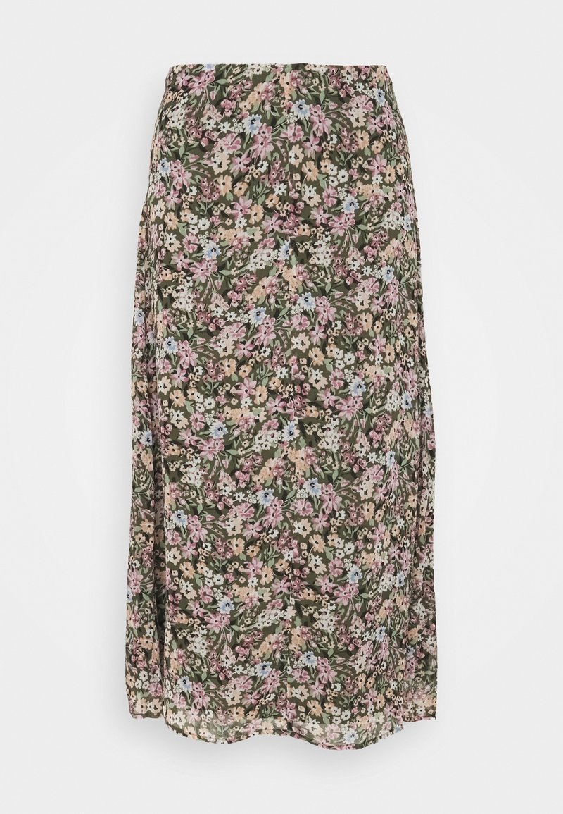Falda midi floral con un fondo verde y flores rosas, azules y amarillas, fabricada en un material ligero y con una cinturilla elástica.