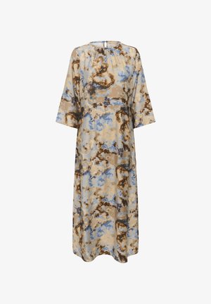 Garšīga, plūstoša kleita, kas izgatavota no beidža auduma, ar zilu un brūnu mākoņveida rakstu. Dizainā ir brīvi piedurknes un atslēgas cauruma aizmugures detaļa.