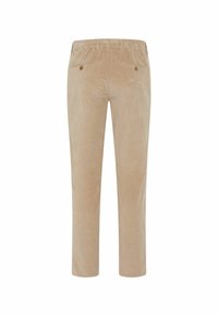 Beige corduroy trousers with a straight cut, featuring a partially elastic waistband and two rear buttoned pockets.
