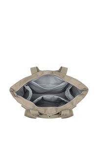 Borsa in tela beige con due manici superiori, che presenta un ampio interno e tre scomparti foderati in tessuto grigio chiaro, chiusura con zip.