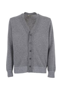 Cardigan grigio in lana con scollo a V e chiusura con bottoni, caratterizzato da maniche lunghe e polsini e fondo a coste, che offre un aspetto testurizzato e accogliente.